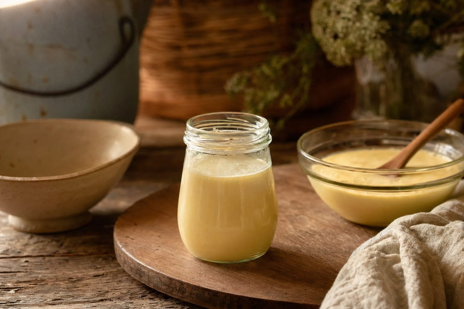 A jar of golden honey on a wooden board in warm light