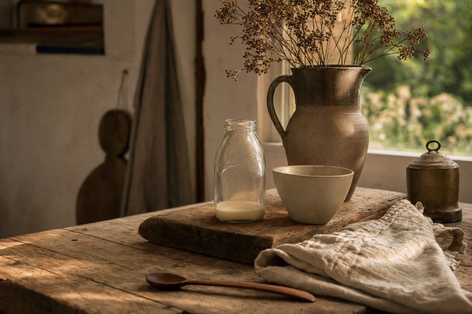 A jug, bread and bowls of food on a rustic table in soft light