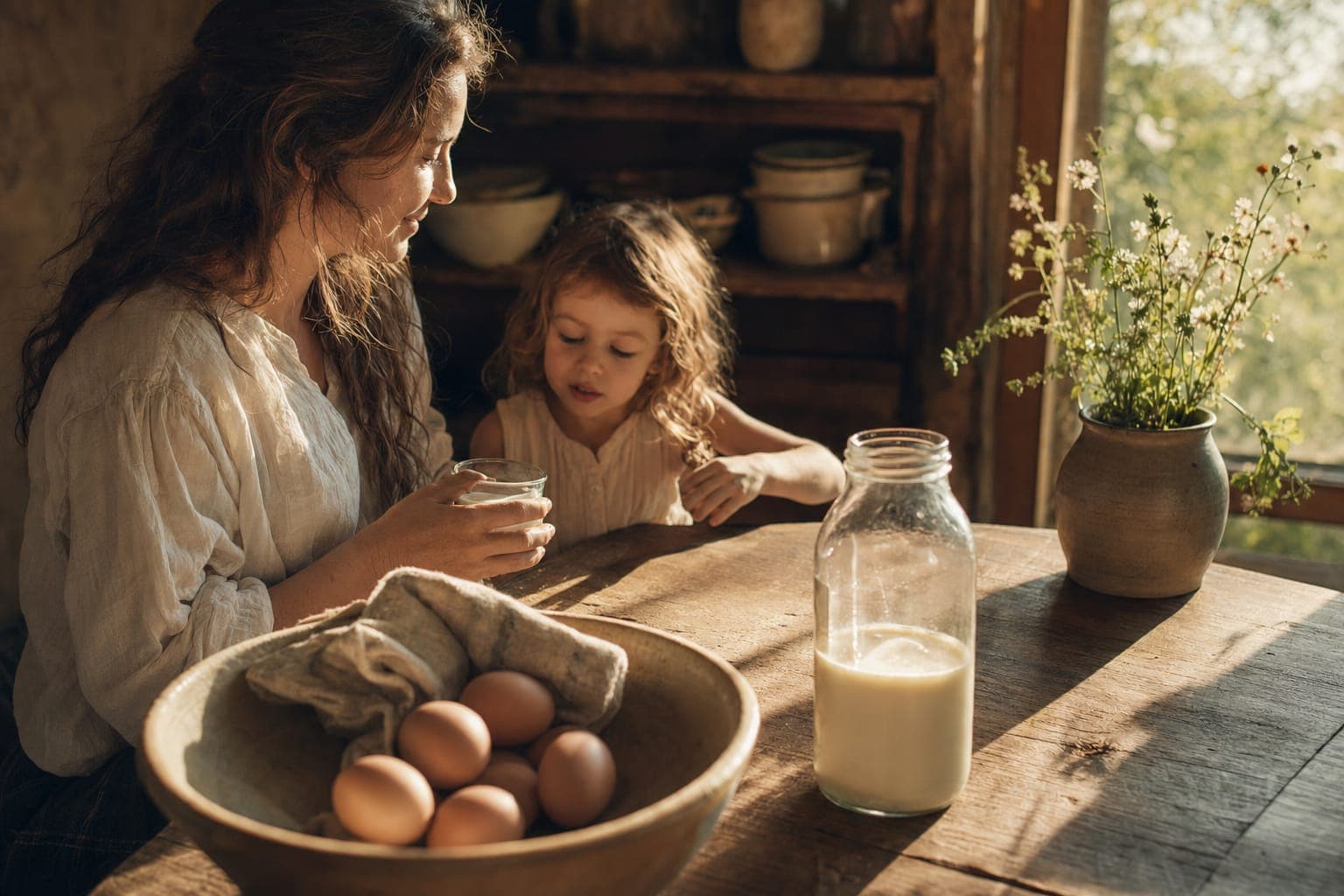 A mother and child with a bowl of eggs at a table in warm light
