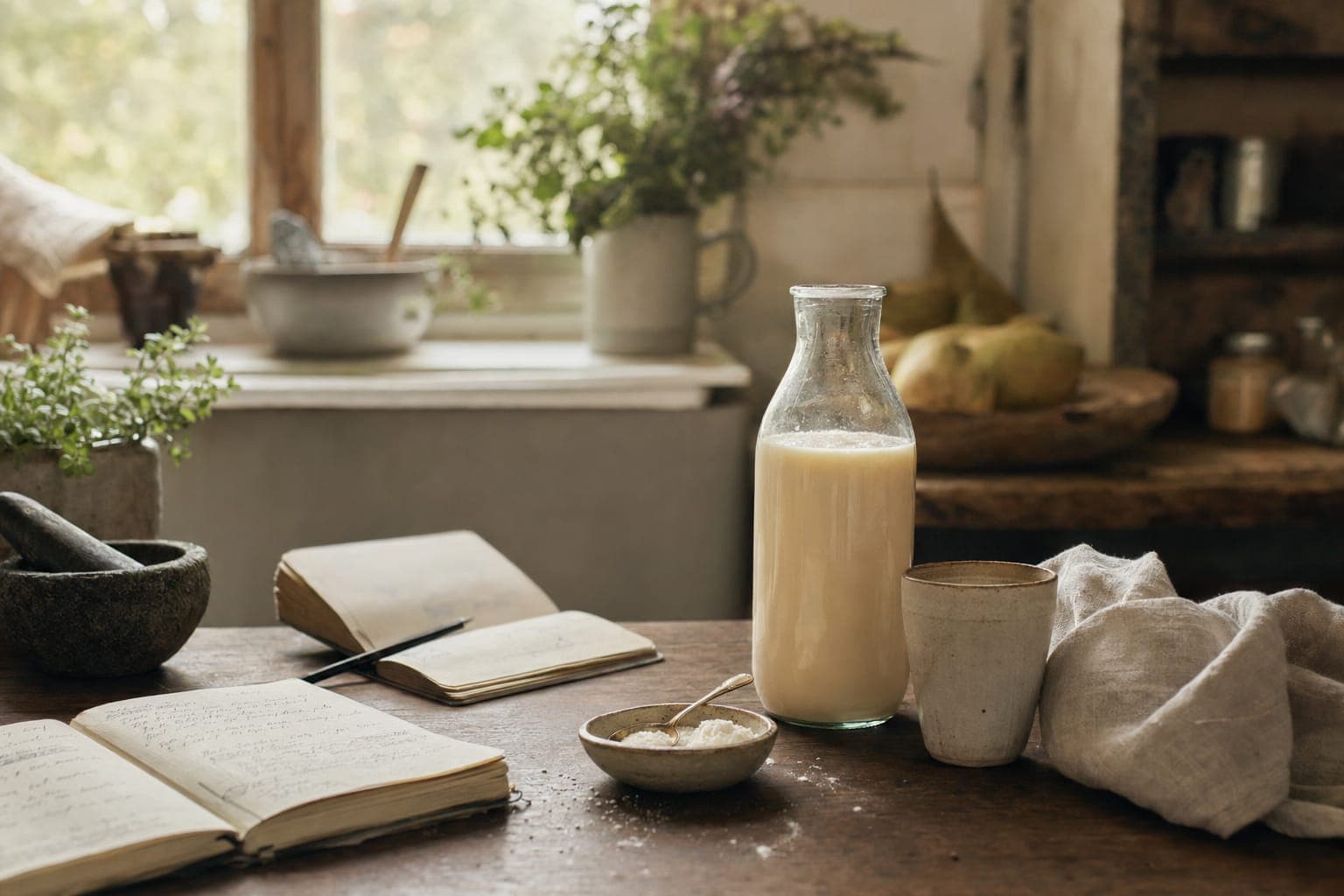 A bottle of milk on a kitchen counter by a sunlit window