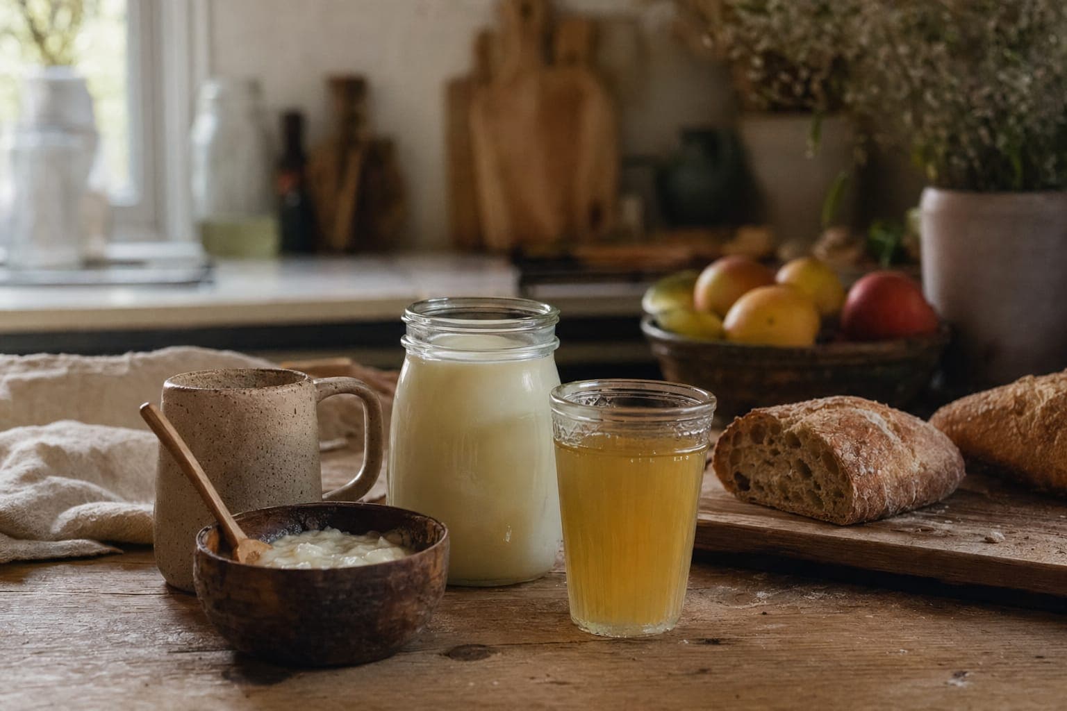 A breakfast table with eggs, juice and fruit in bright morning light