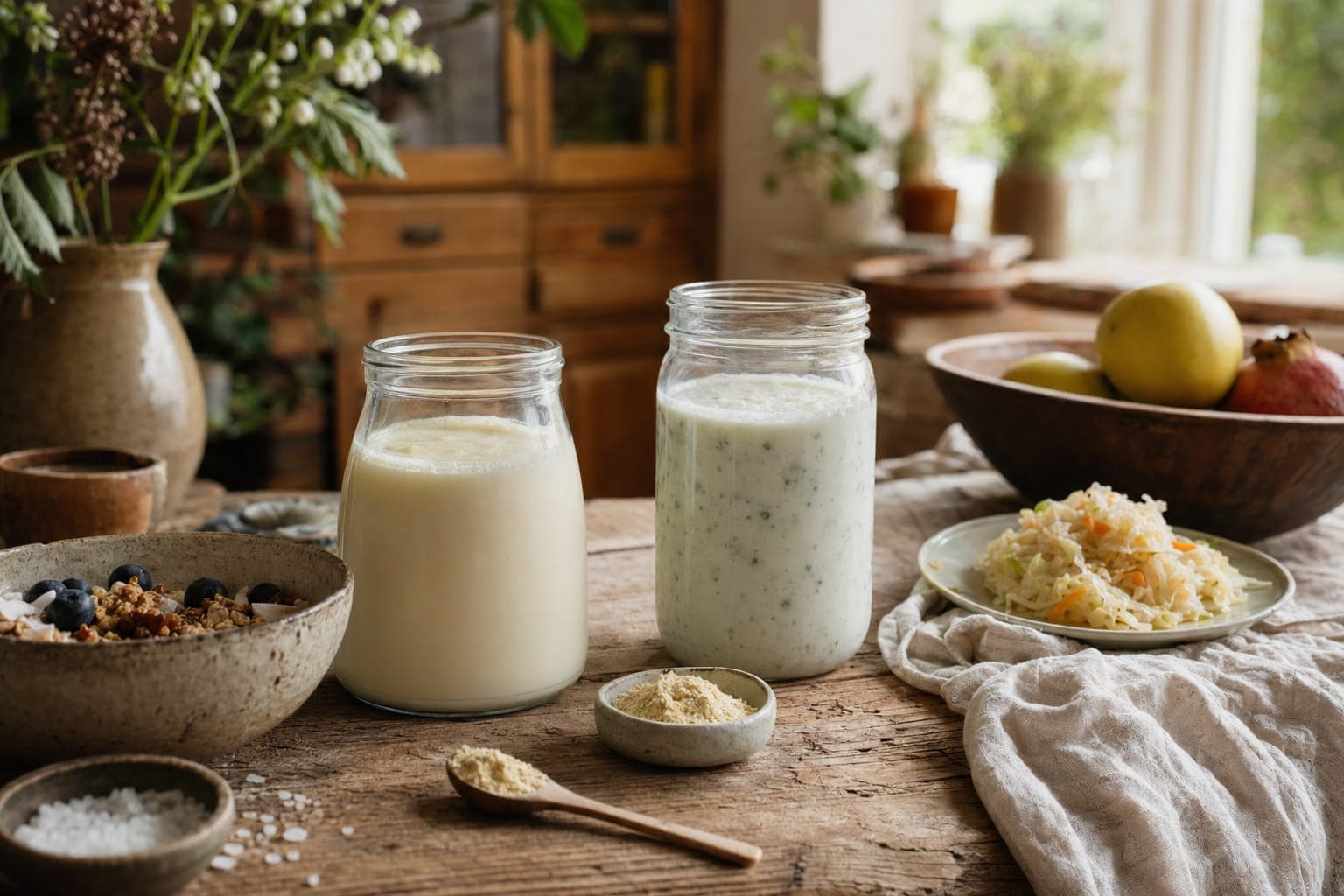 Jars of milk and yoghurt on a kitchen counter in soft light