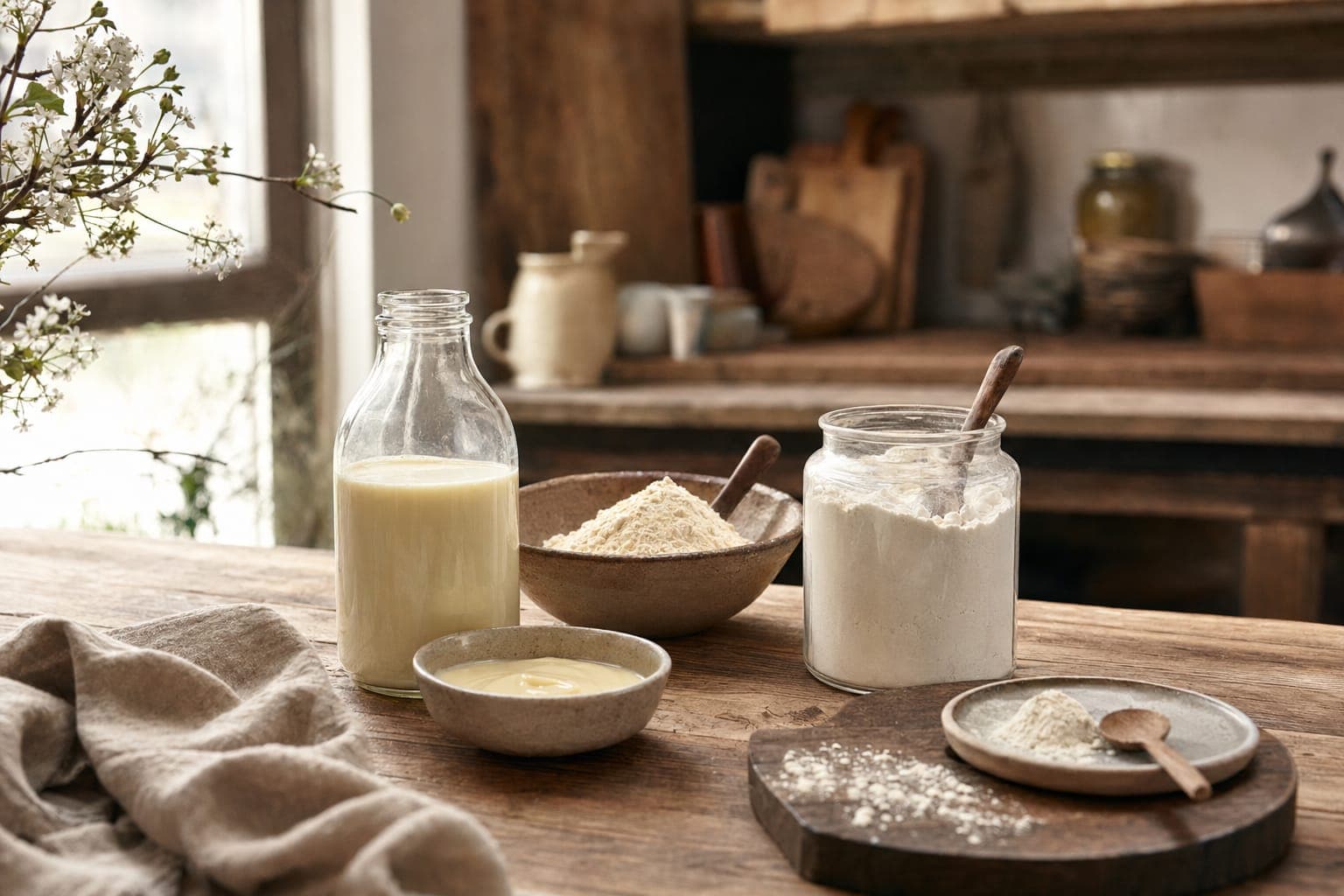 Bowls of yoghurt and a jug on a rustic table in soft light