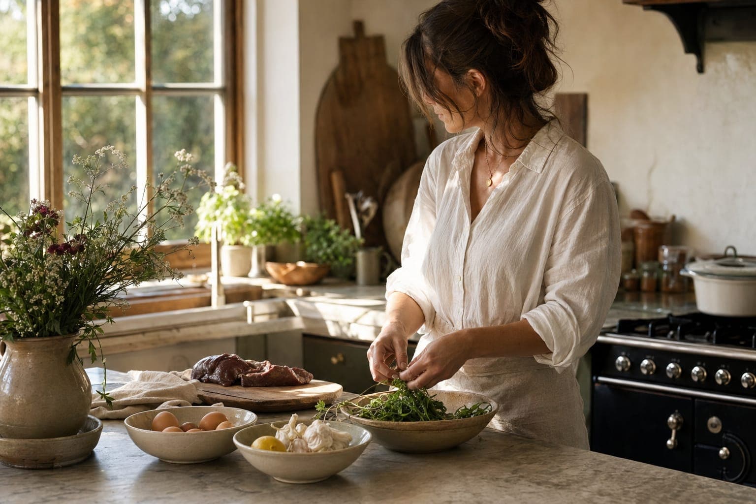 A woman preparing fresh food at a sunlit kitchen counter