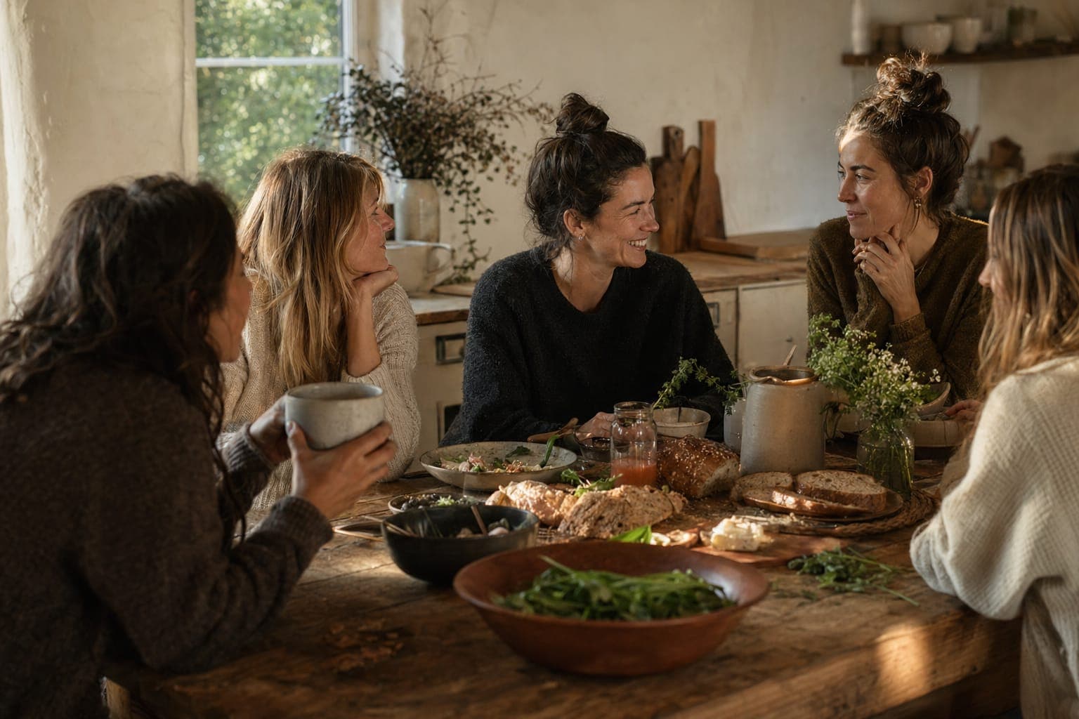 Friends sharing a meal together around a table in warm light
