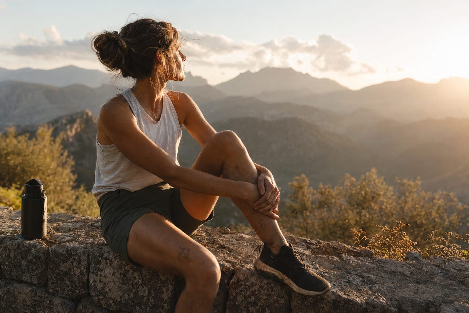A person stretching on a mountainside at sunrise in golden light