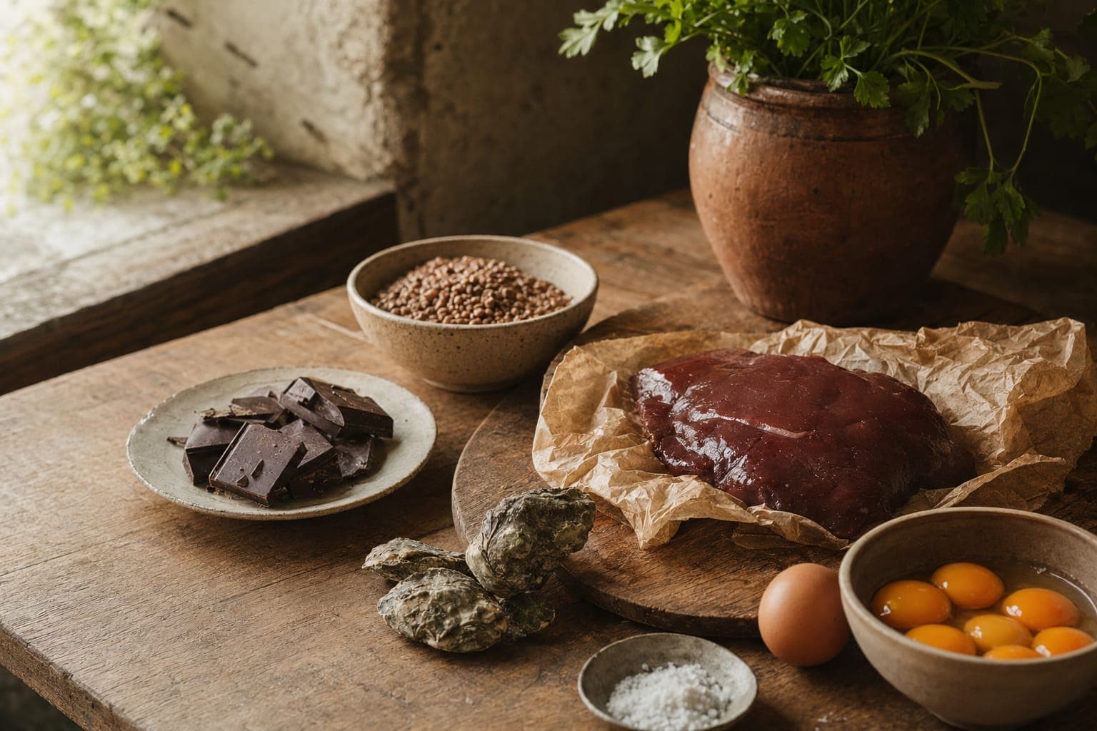 A board of raw and cured meats with a bowl on a dark table