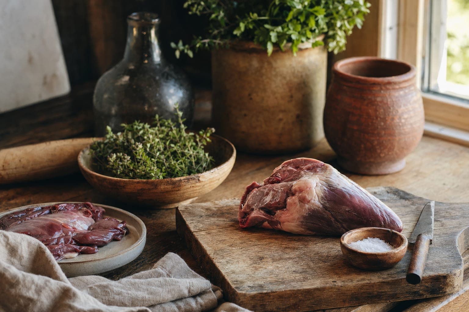 Raw meat, herbs and bowls on a kitchen counter in warm light