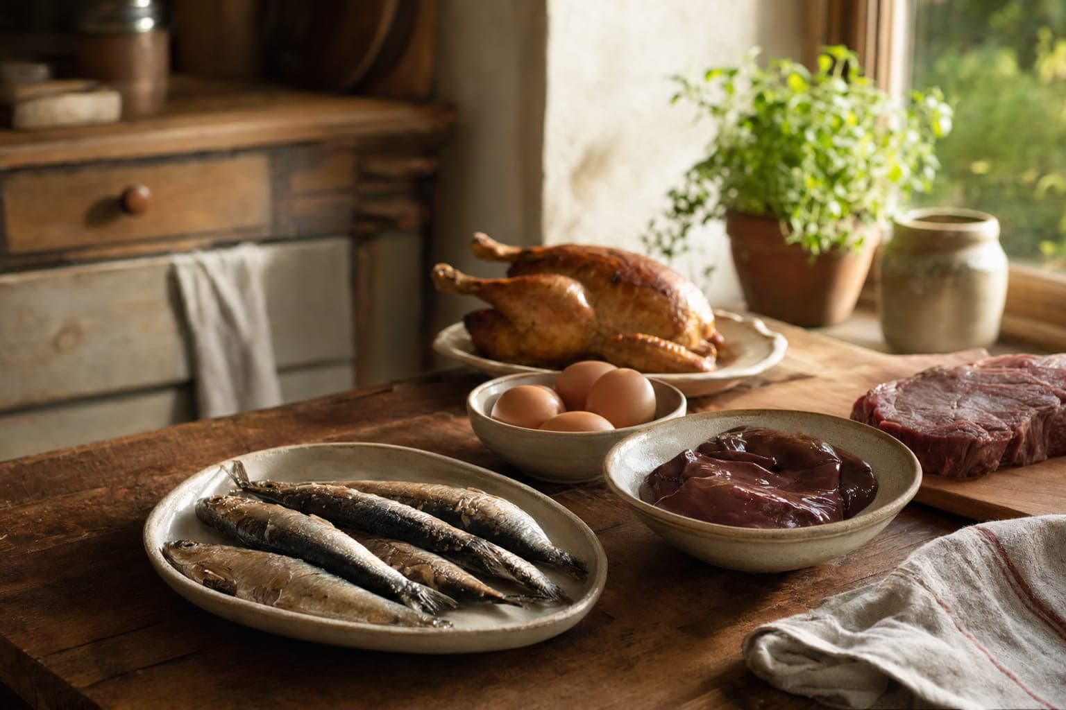 A rustic table with loaves of bread and charcuterie in warm light