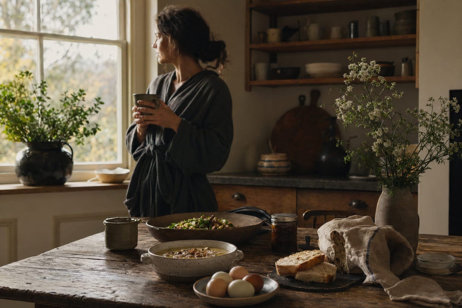 A woman standing calmly in a sunlit kitchen by a window