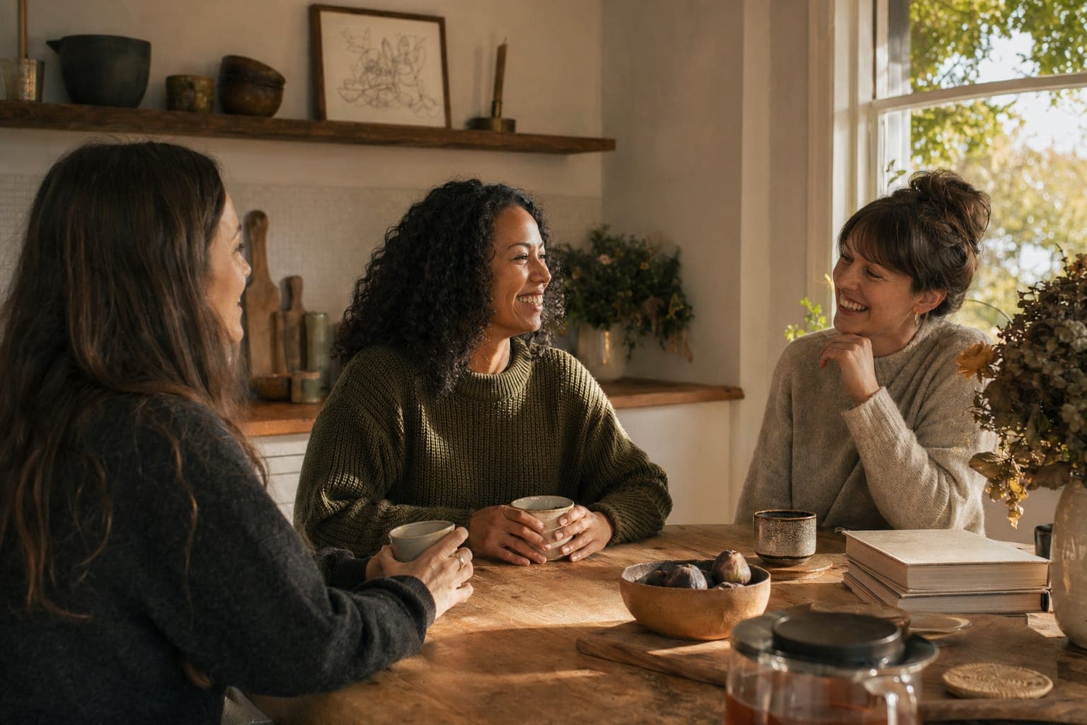 People gathered at a table sharing whole foods in warm light