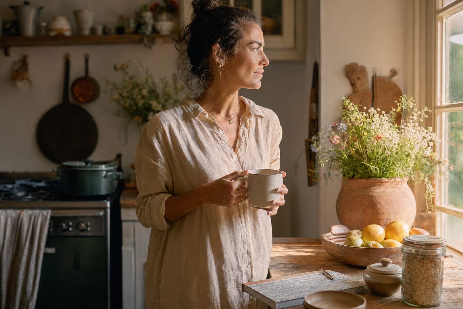 A woman with a plate of food in a bright morning kitchen