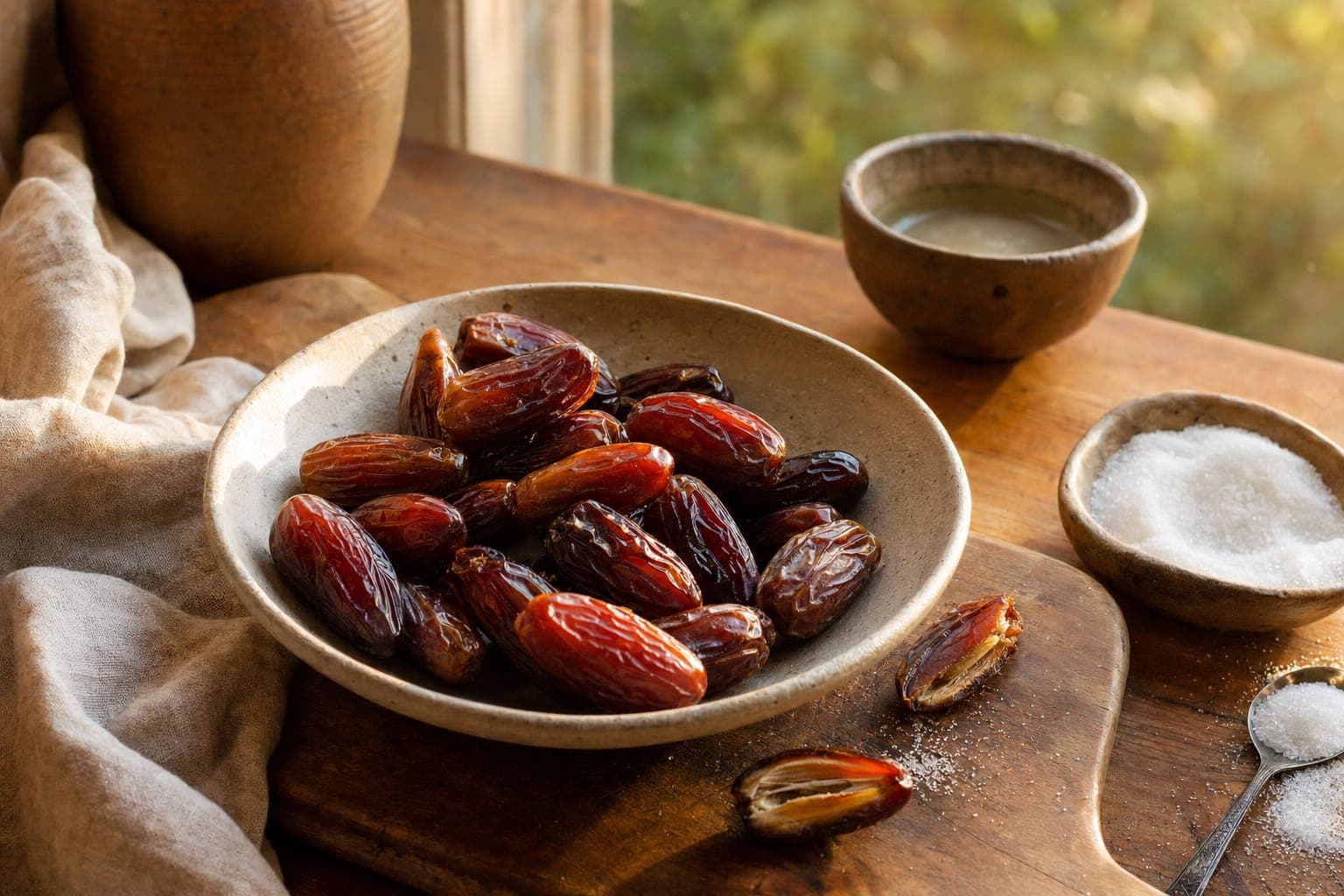 A bowl of dates and dried fruit on a rustic table in warm light
