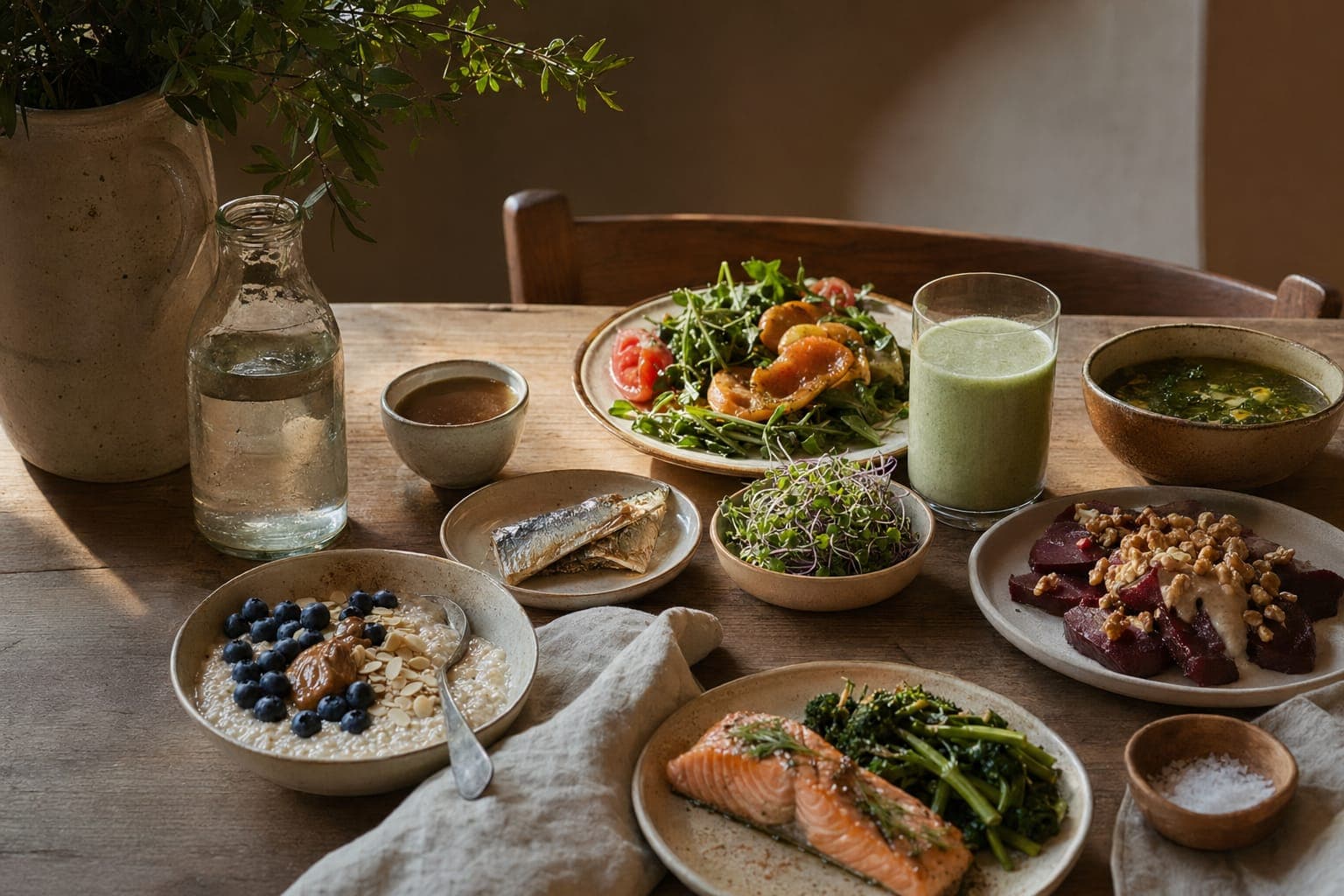 Plates of fresh salads and whole foods on a bright kitchen counter