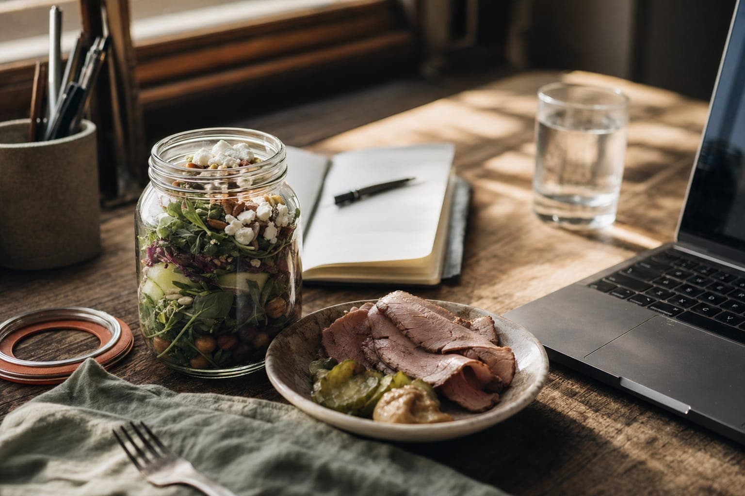 A desk lunch of fresh salad in a bowl beside a laptop and notebook