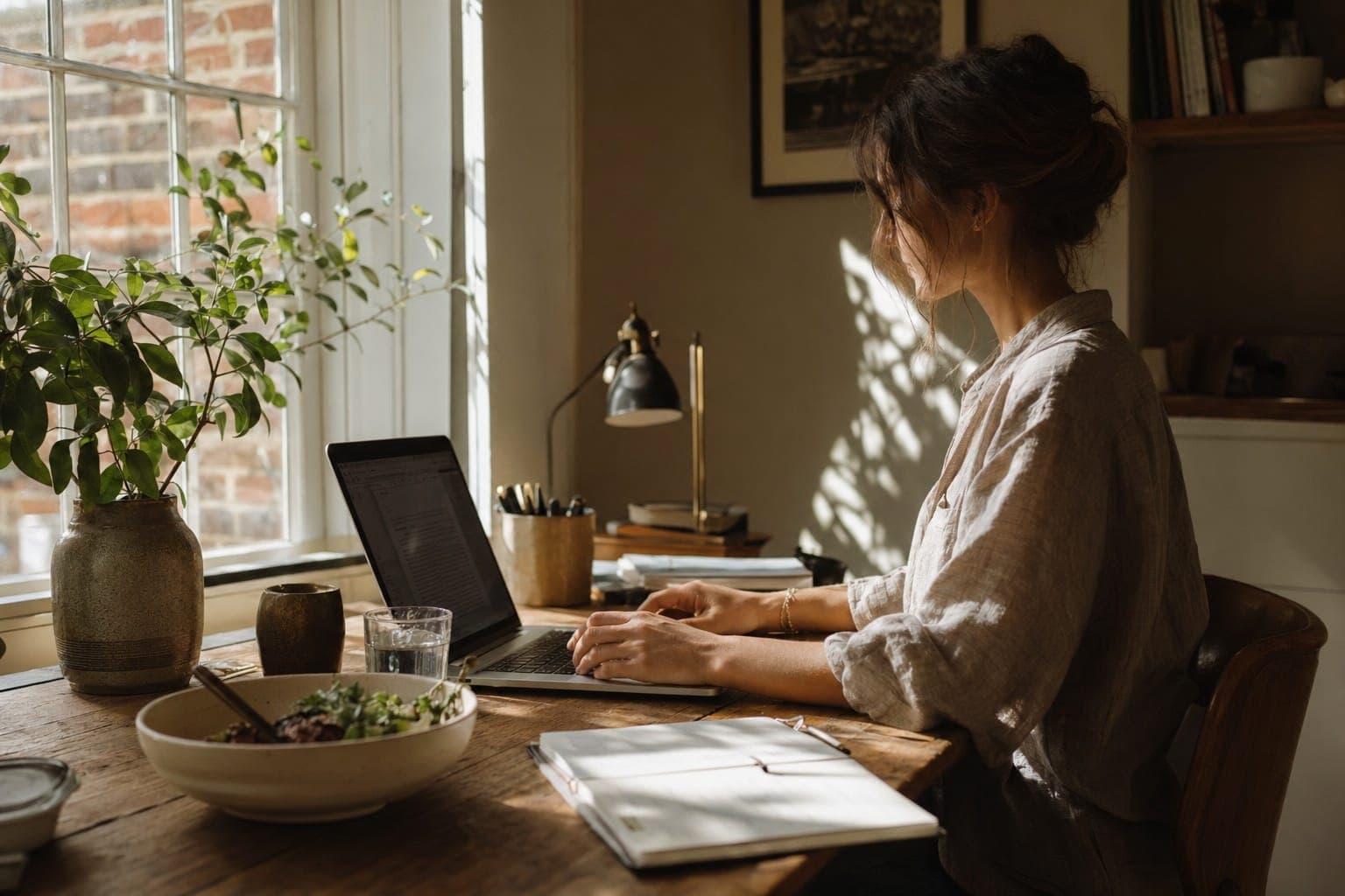 A person working at a desk by a sunlit window with plants