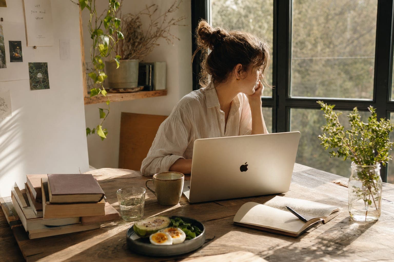 A person at a laptop at a wooden table in soft natural light
