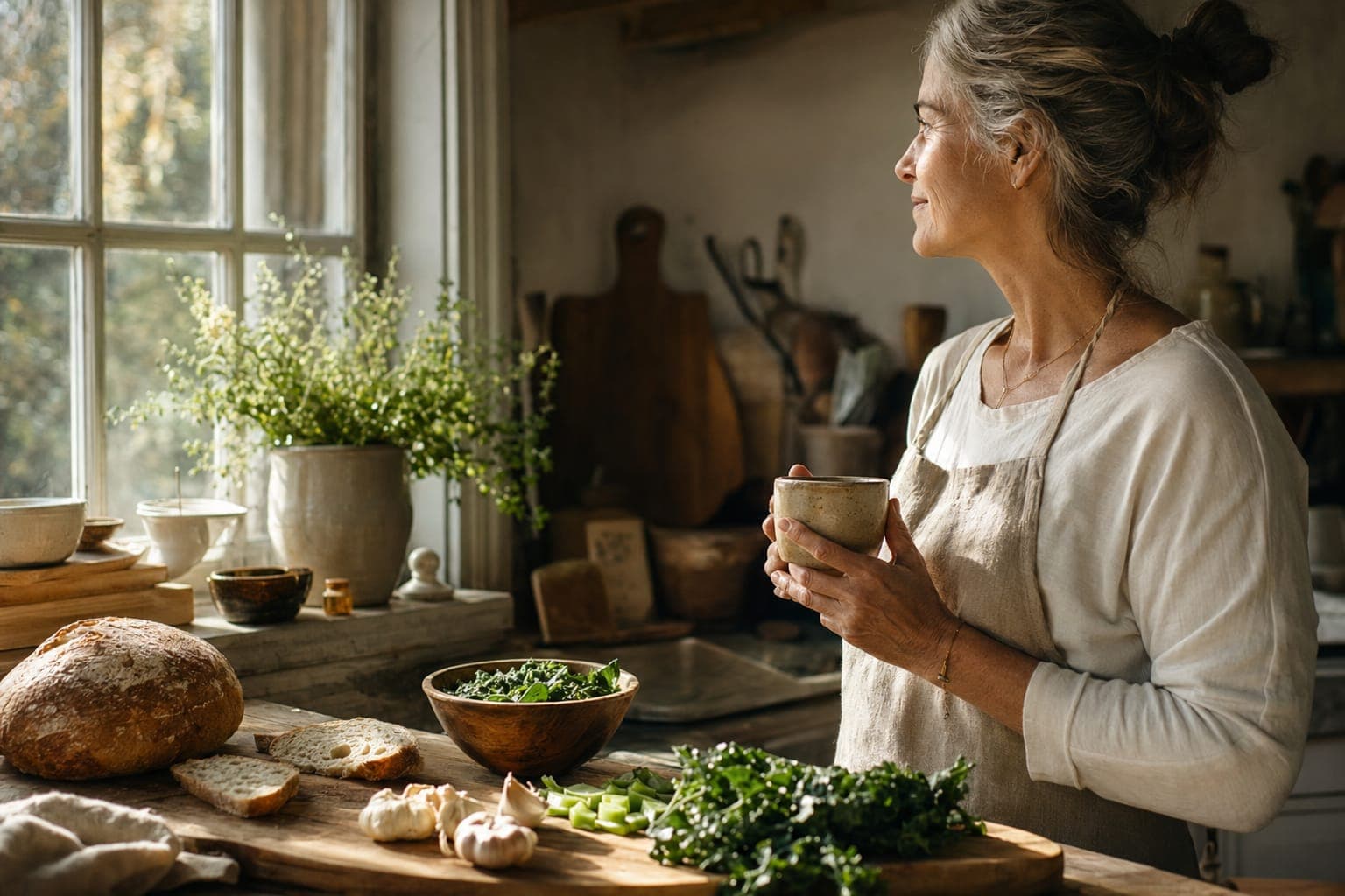 An older woman preparing vegetables in a warm kitchen