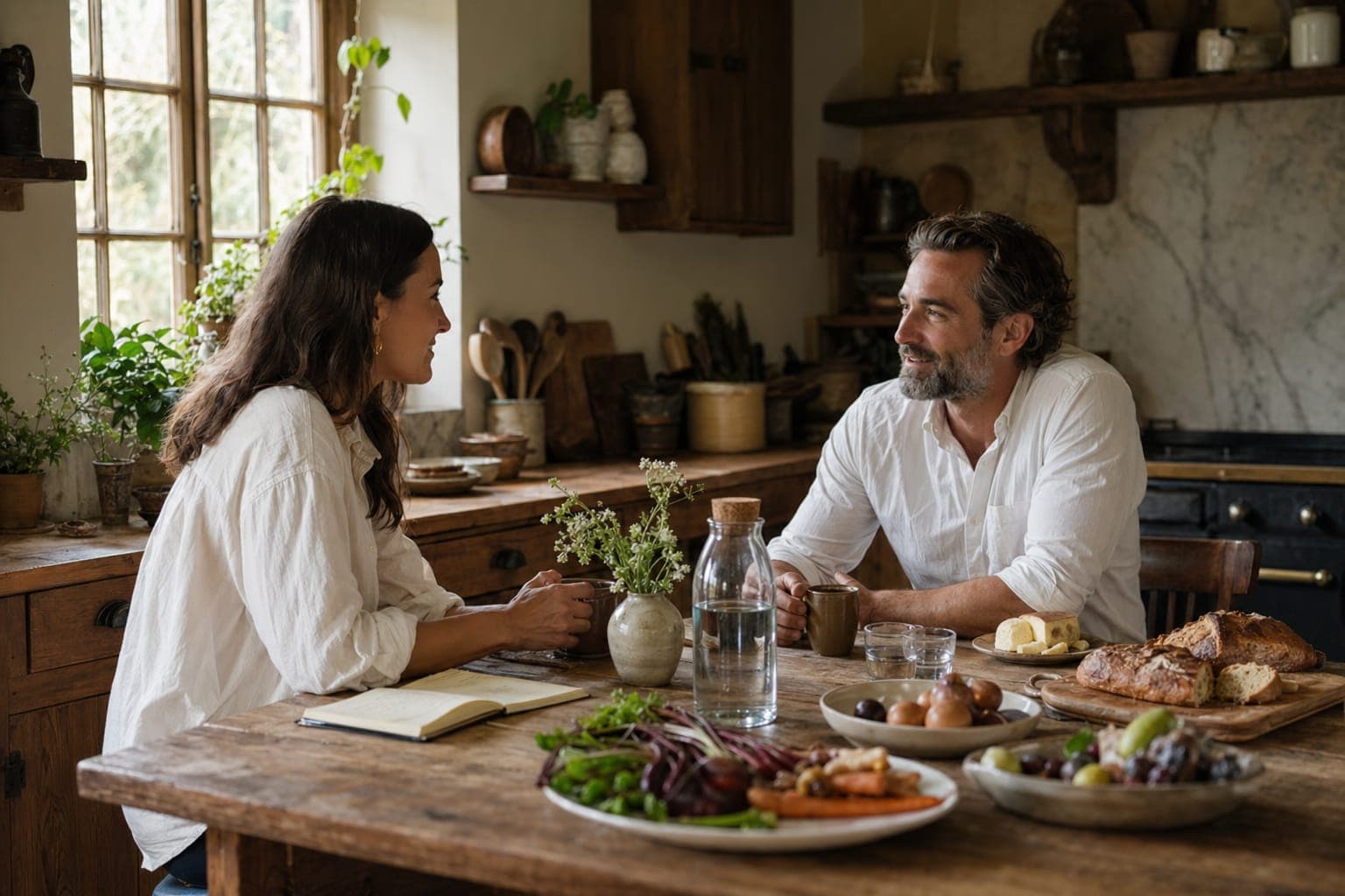 Two people in conversation at a table set with food in warm light