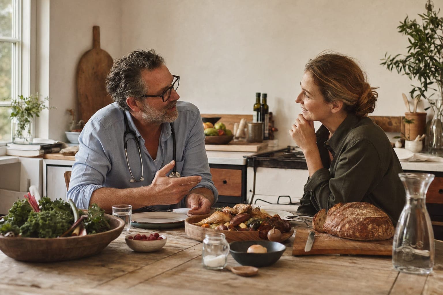 A couple sharing whole foods at a table in warm light