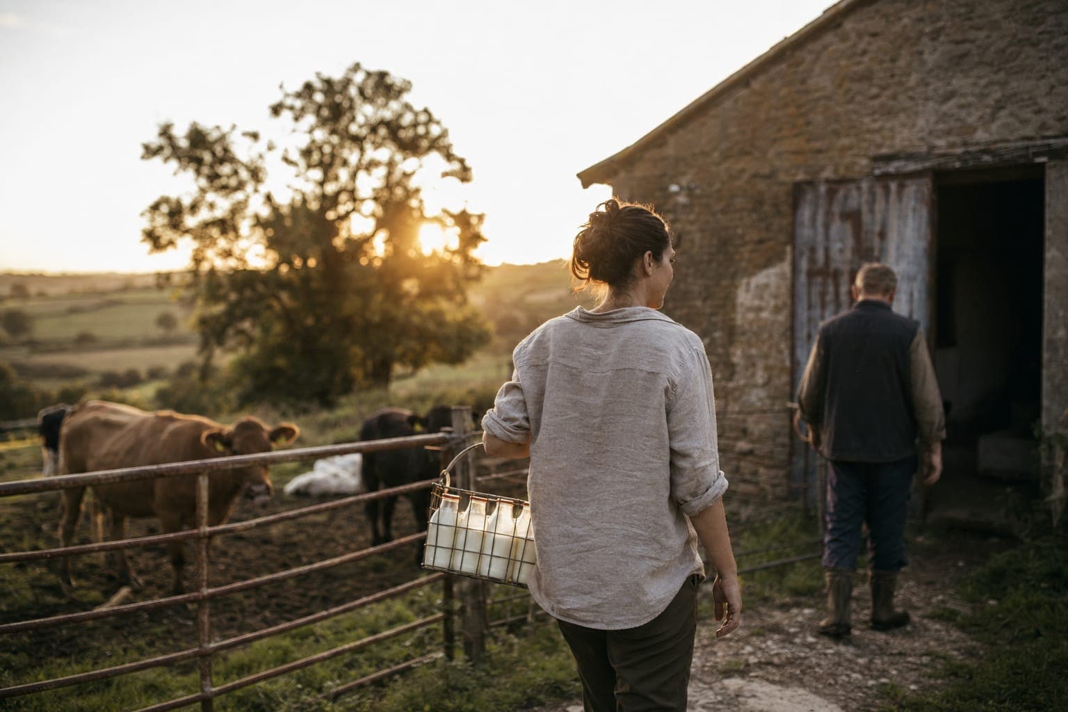 An older man outside a stone farmhouse at golden hour