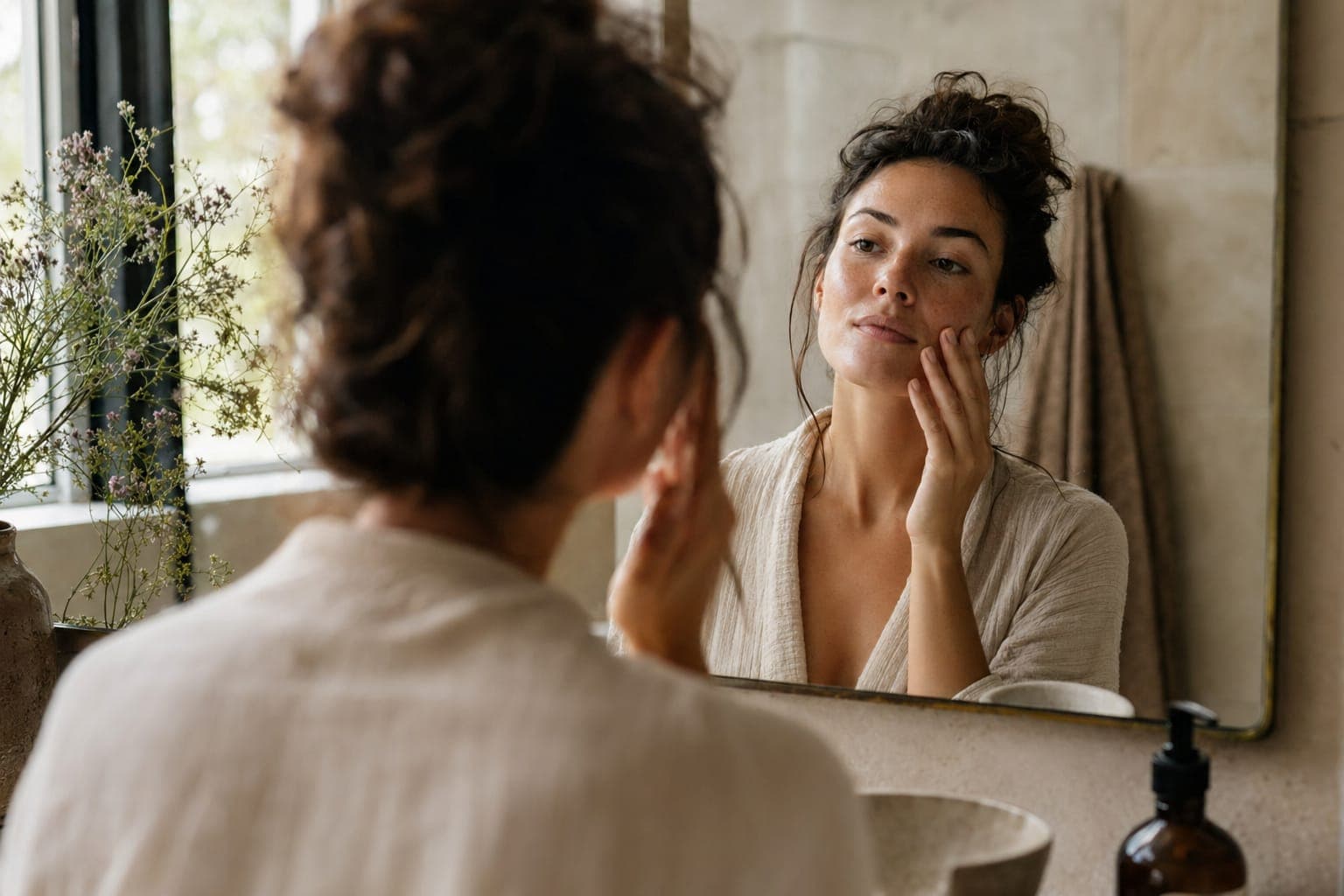 A woman touching her face by a window in soft natural light
