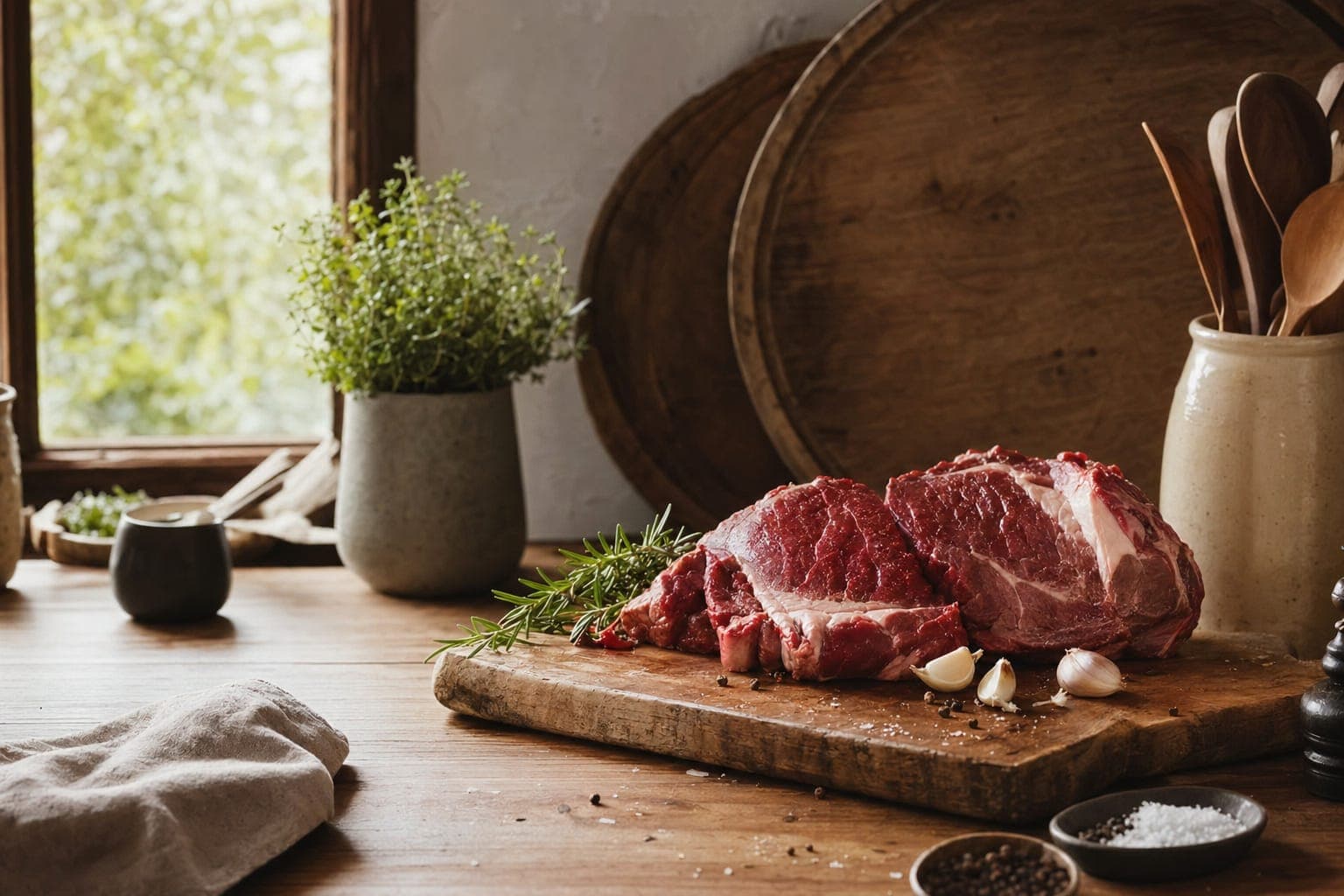 Raw red meat with herbs on a wooden board in moody light