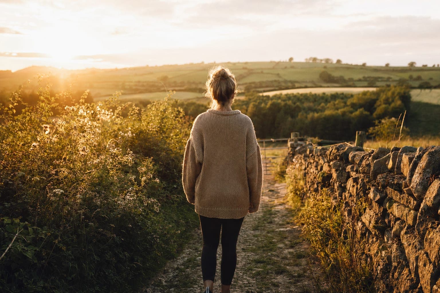 A person walking through a golden field at sunset