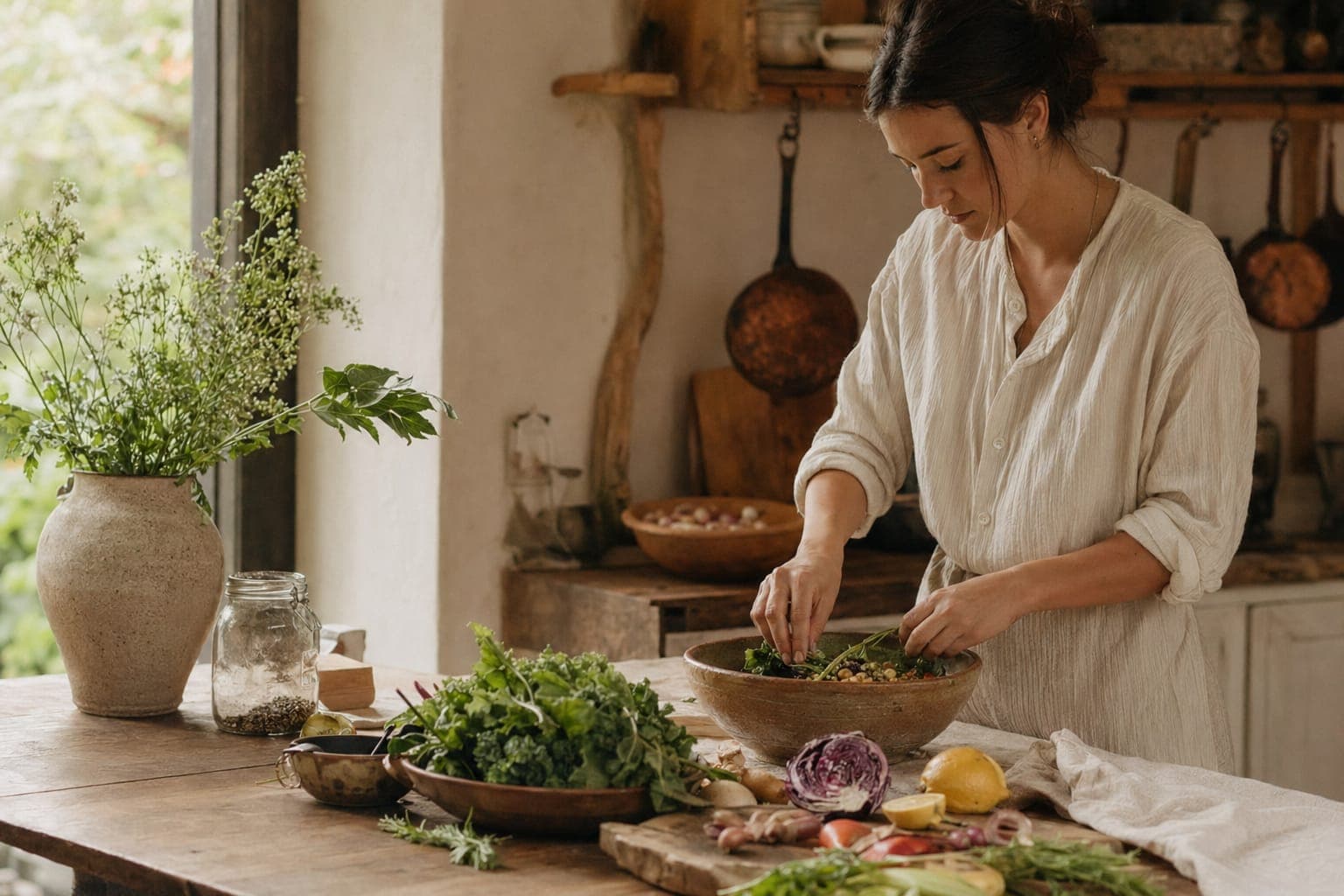 A woman preparing food at a kitchen counter in soft light