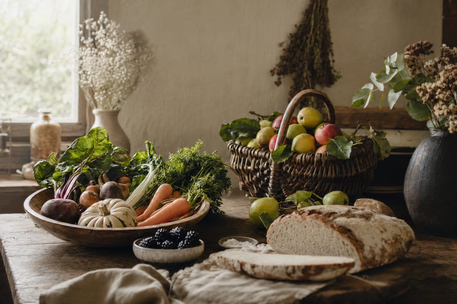Seasonal vegetables, eggs and bowls on a kitchen counter in warm light