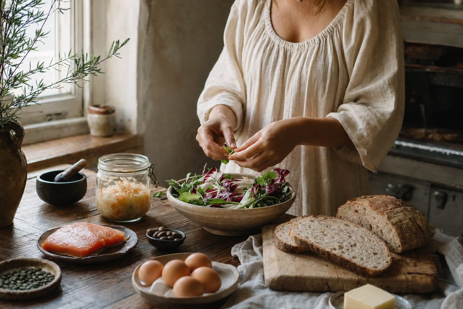 Hands serving whole foods at a table with bread and bowls in warm light