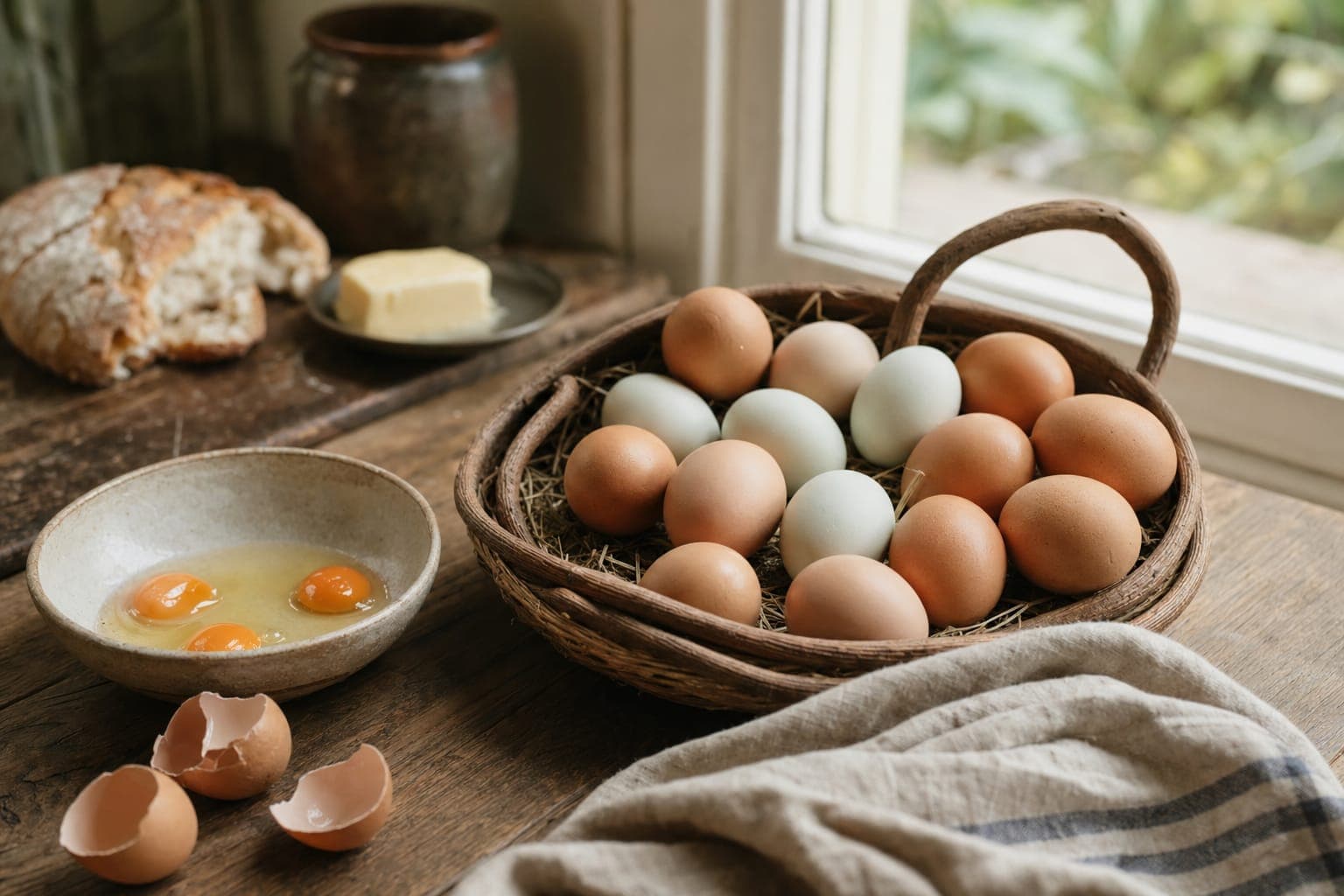 A bowl of fresh eggs on a rustic table in soft light