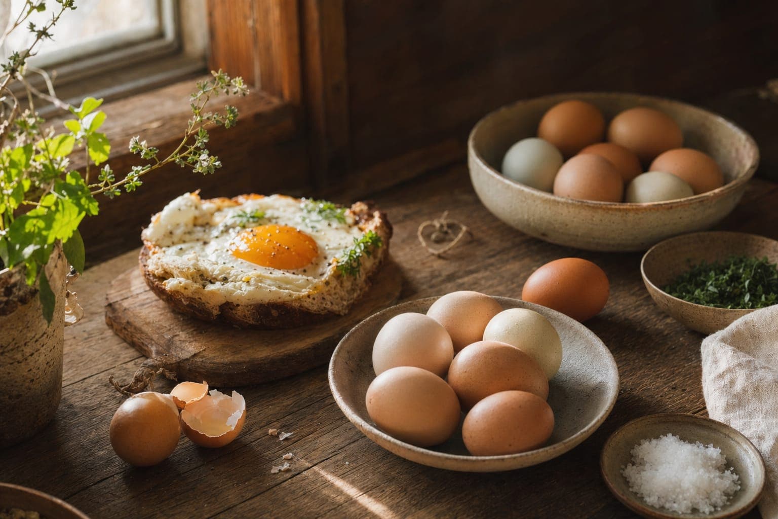 Fresh eggs and breakfast foods on a sunlit table