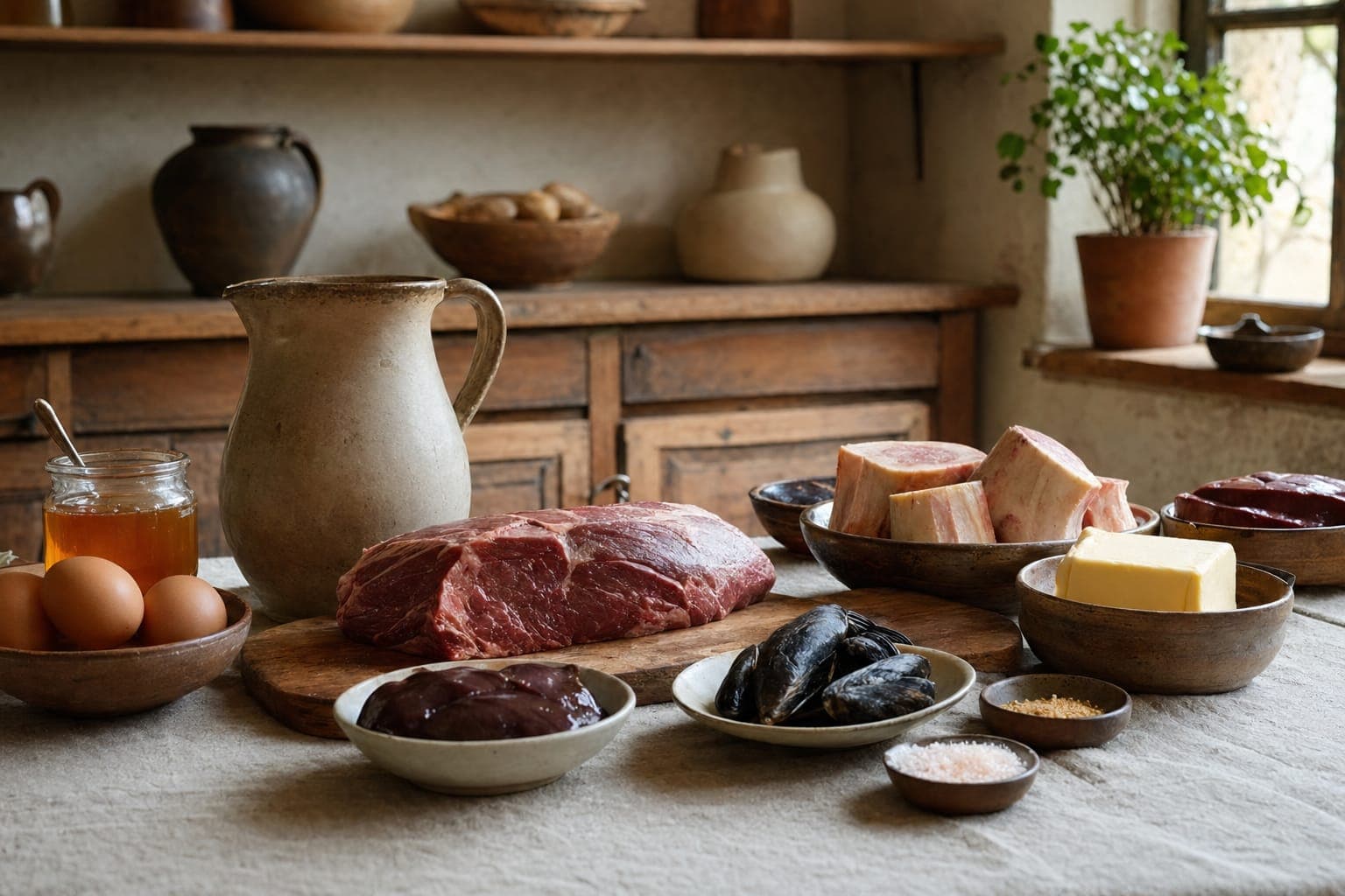 Fresh eggs and raw meat on a wooden counter in warm light