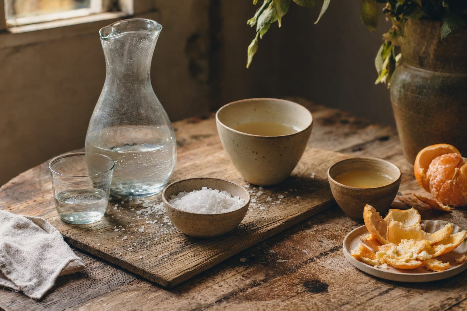A jug and bowls with citrus and salt on a rustic table, an electrolyte spread