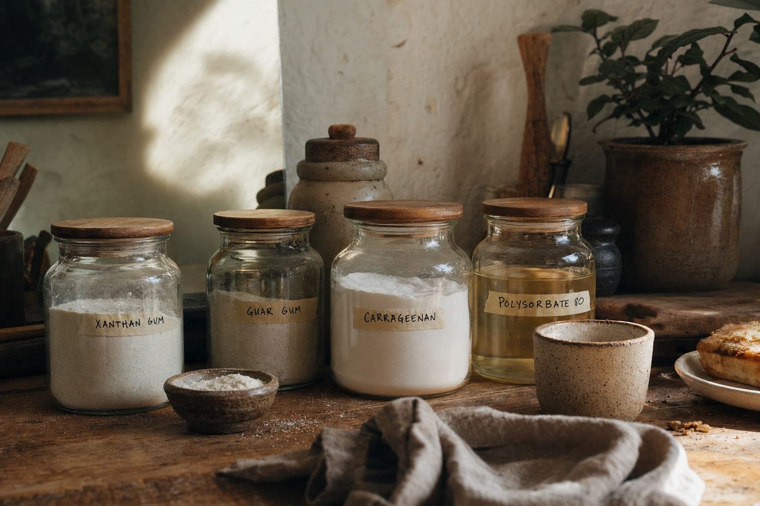 Jars and bowls of whole foods on a kitchen counter in soft light