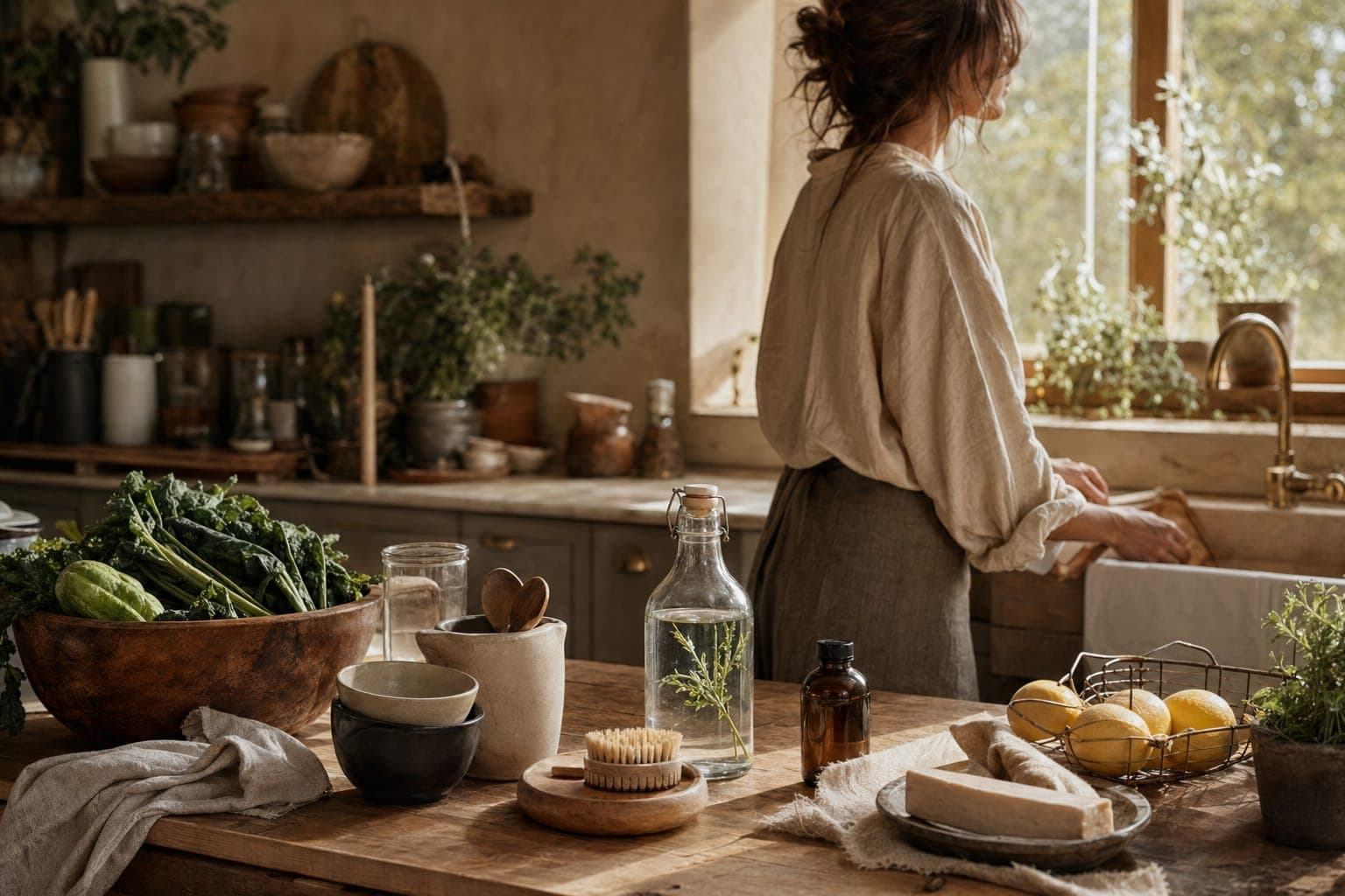 Fresh vegetables and glass jars on a kitchen counter in warm light