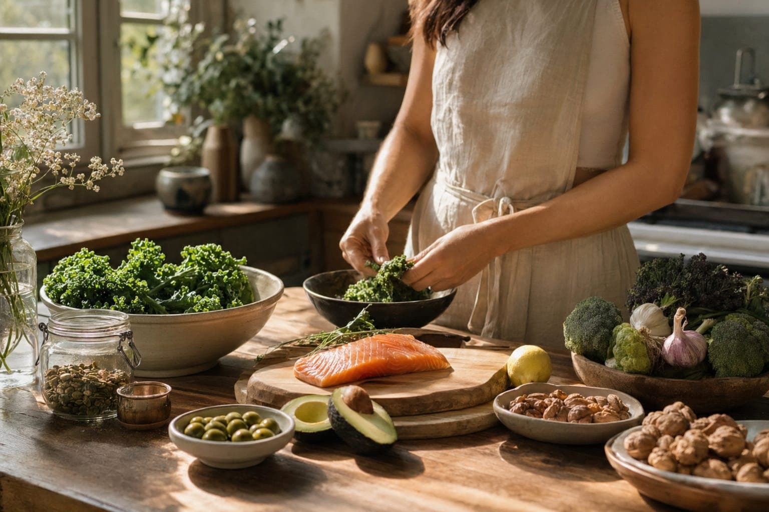 A woman preparing fresh vegetables at a kitchen counter in soft light