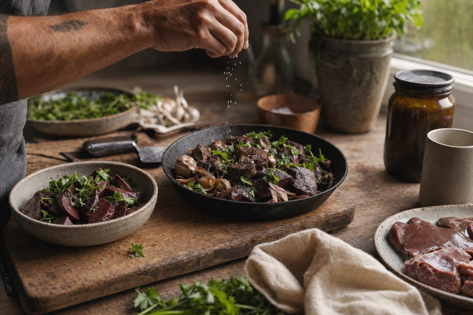 A dark spread of organ meats and bowls on a wooden table
