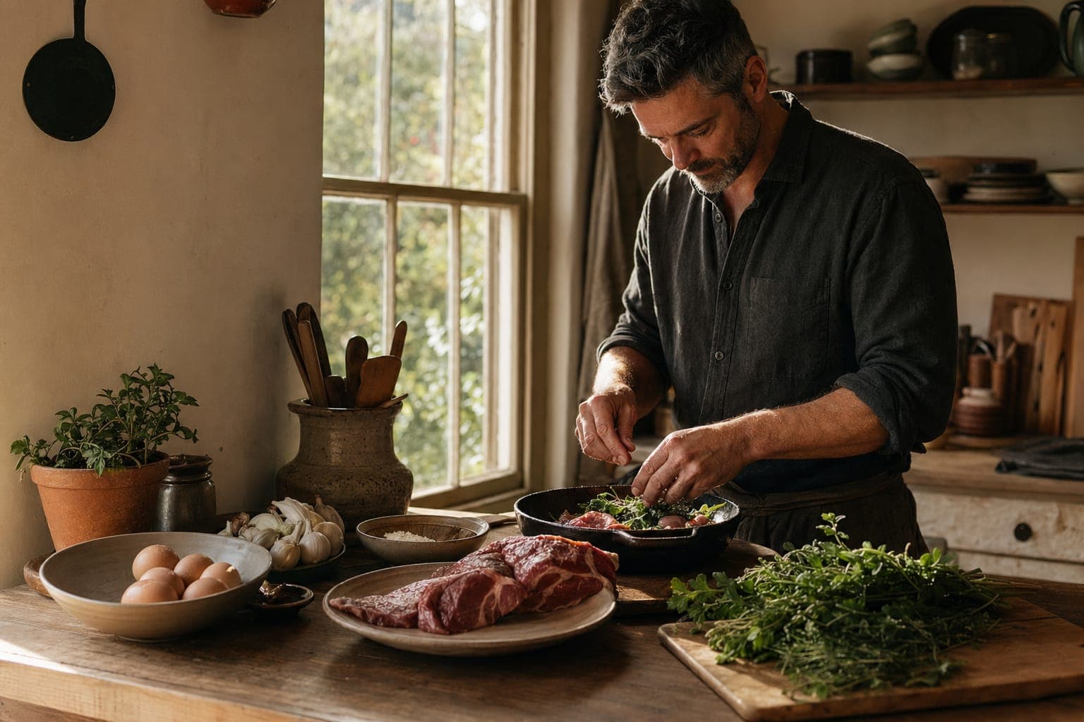 A man preparing a meal at a kitchen counter with herbs in warm light