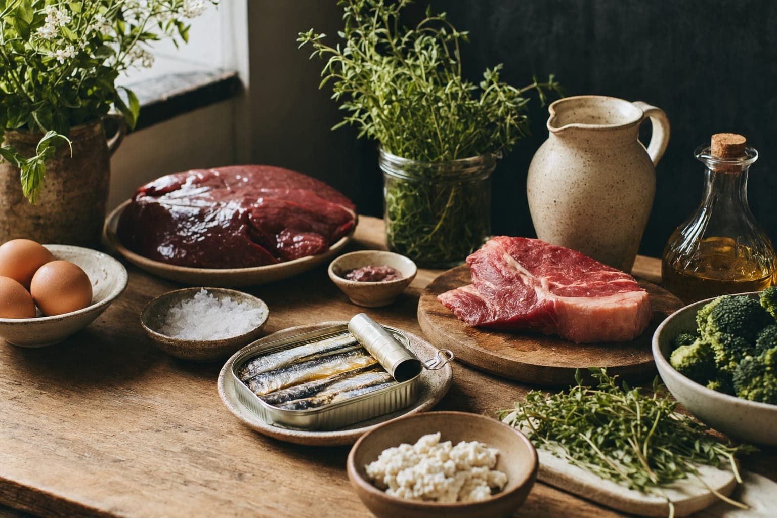 A spread of eggs, raw meat and vegetables on a dark table