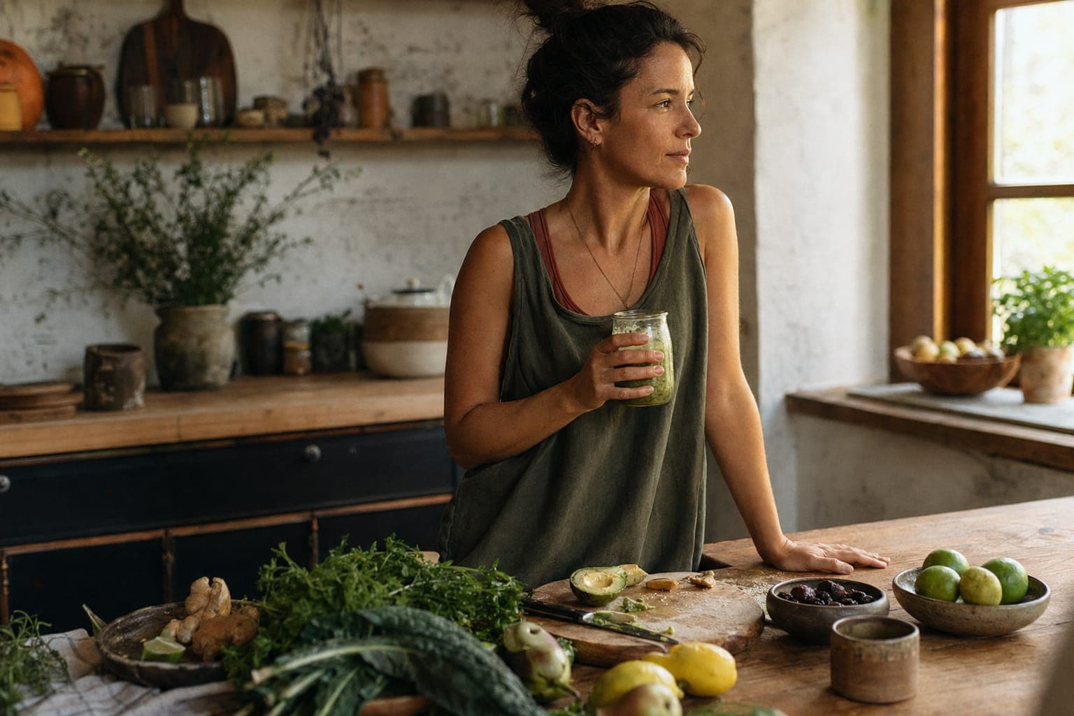 A woman in a kitchen with fresh greens in soft natural light