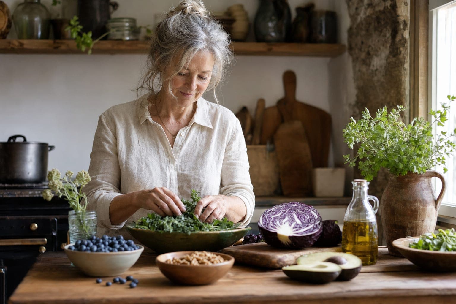 An older woman preparing a plate of fresh food in a warm kitchen