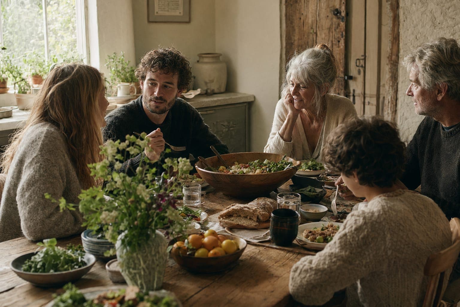 A family talking around a table set with food in warm light