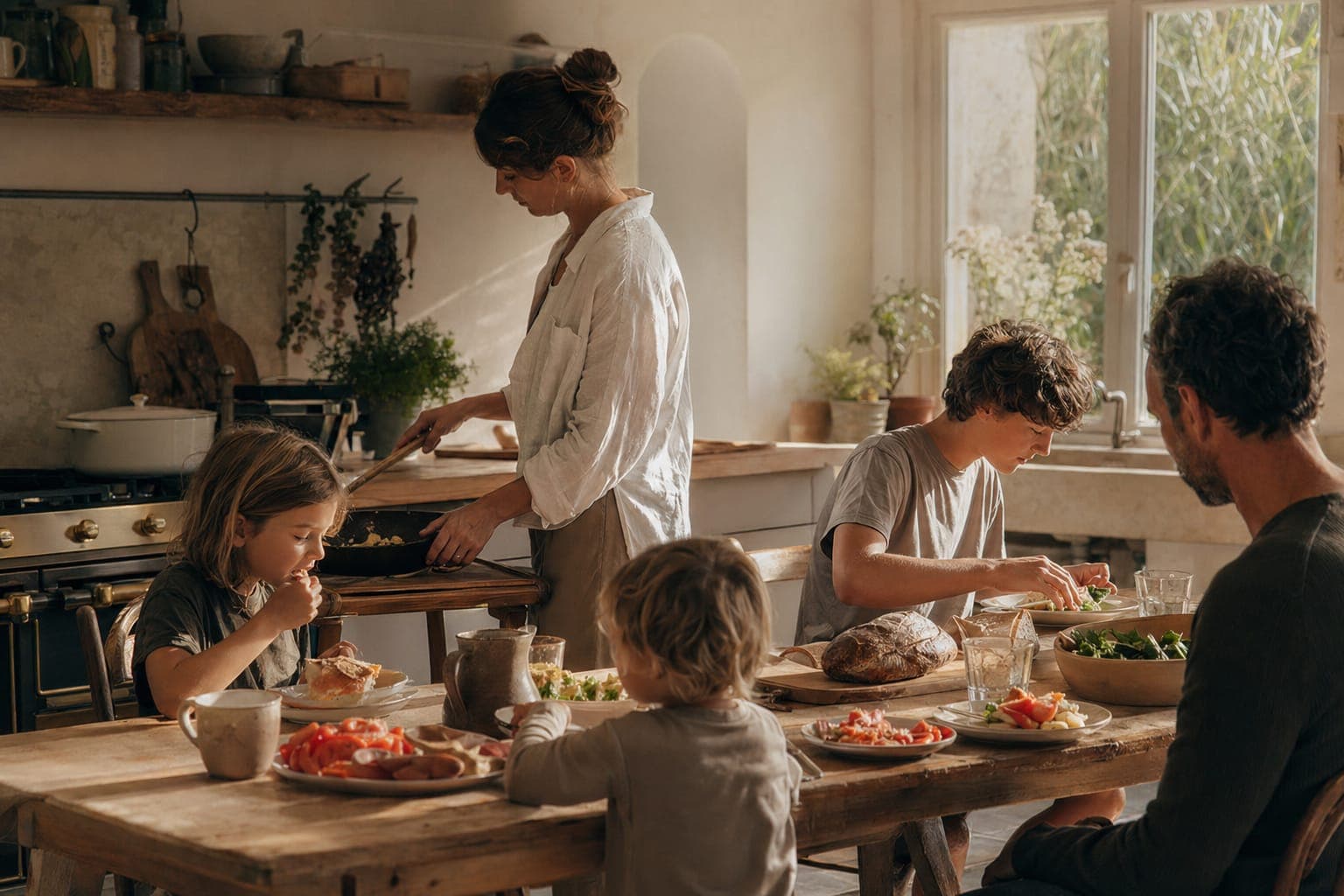 A woman in a sunlit kitchen preparing whole foods