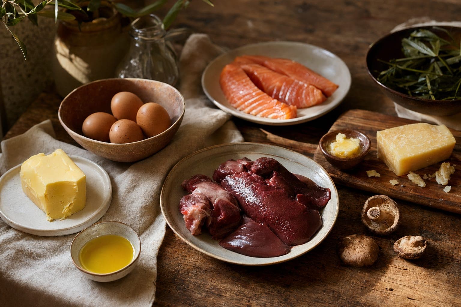 Eggs, salmon, raw meat and butter on a rustic table, sources of fat-soluble vitamins