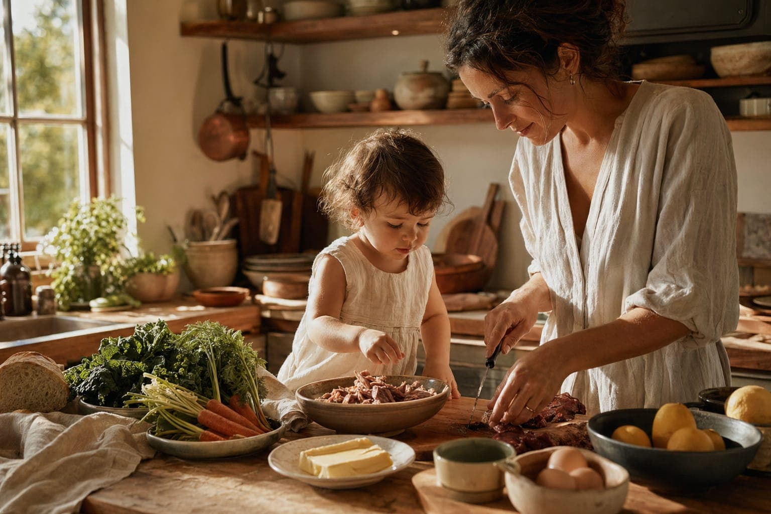 Children at a table sharing wholesome food in warm light