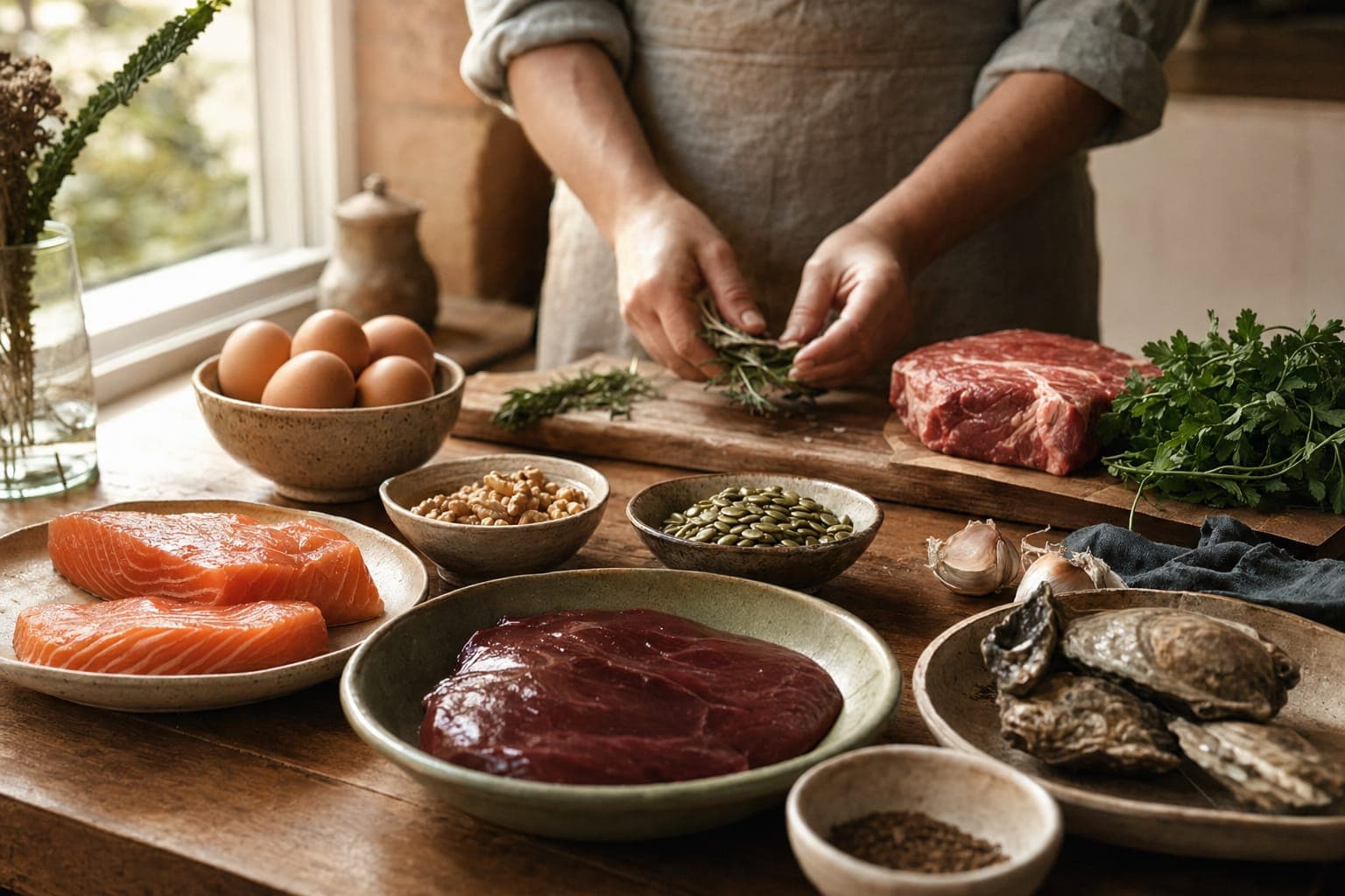 A spread of eggs, fish, nuts and meat on a dark table for brain health