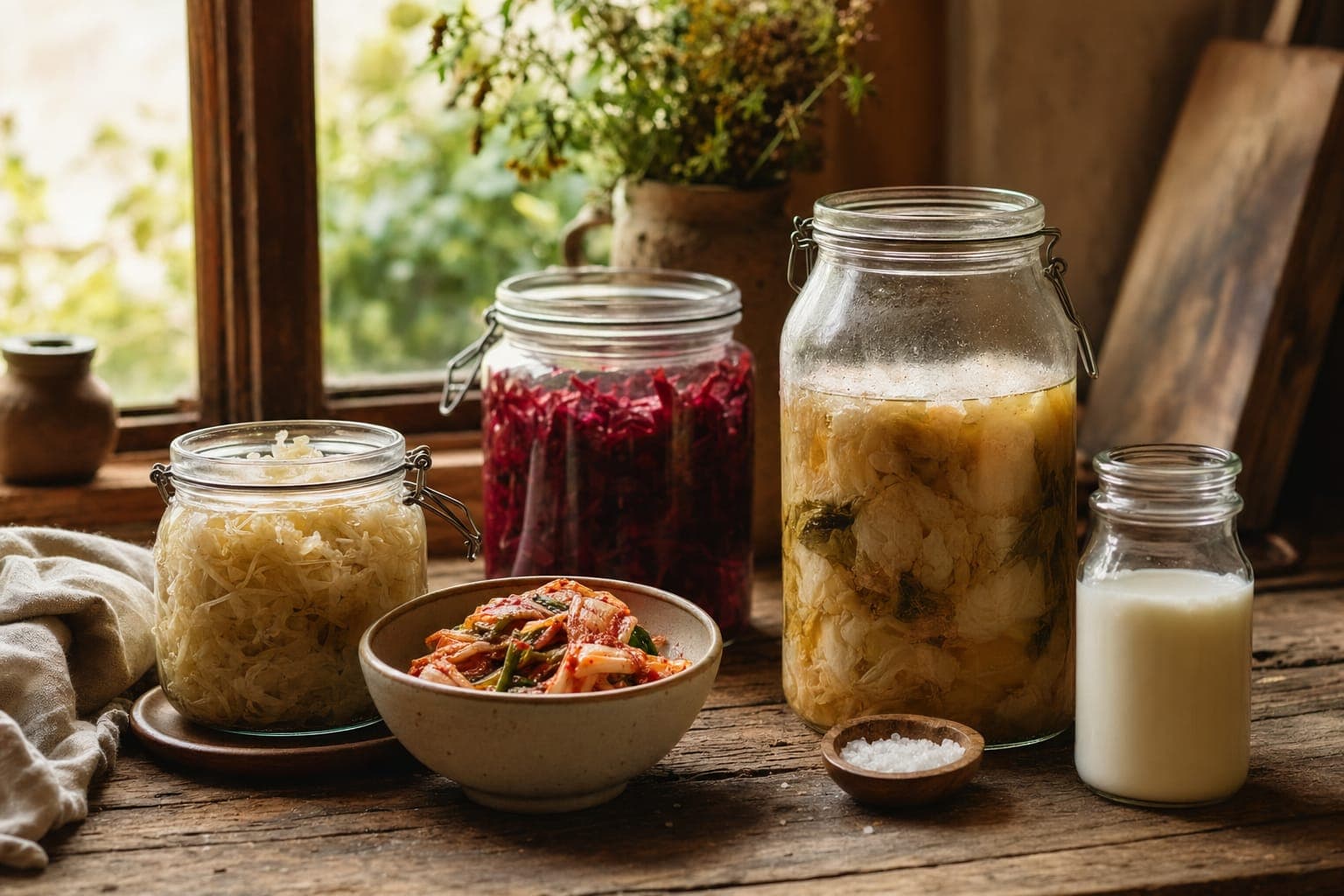 Jars of fermented vegetables and foods on a kitchen counter in warm light