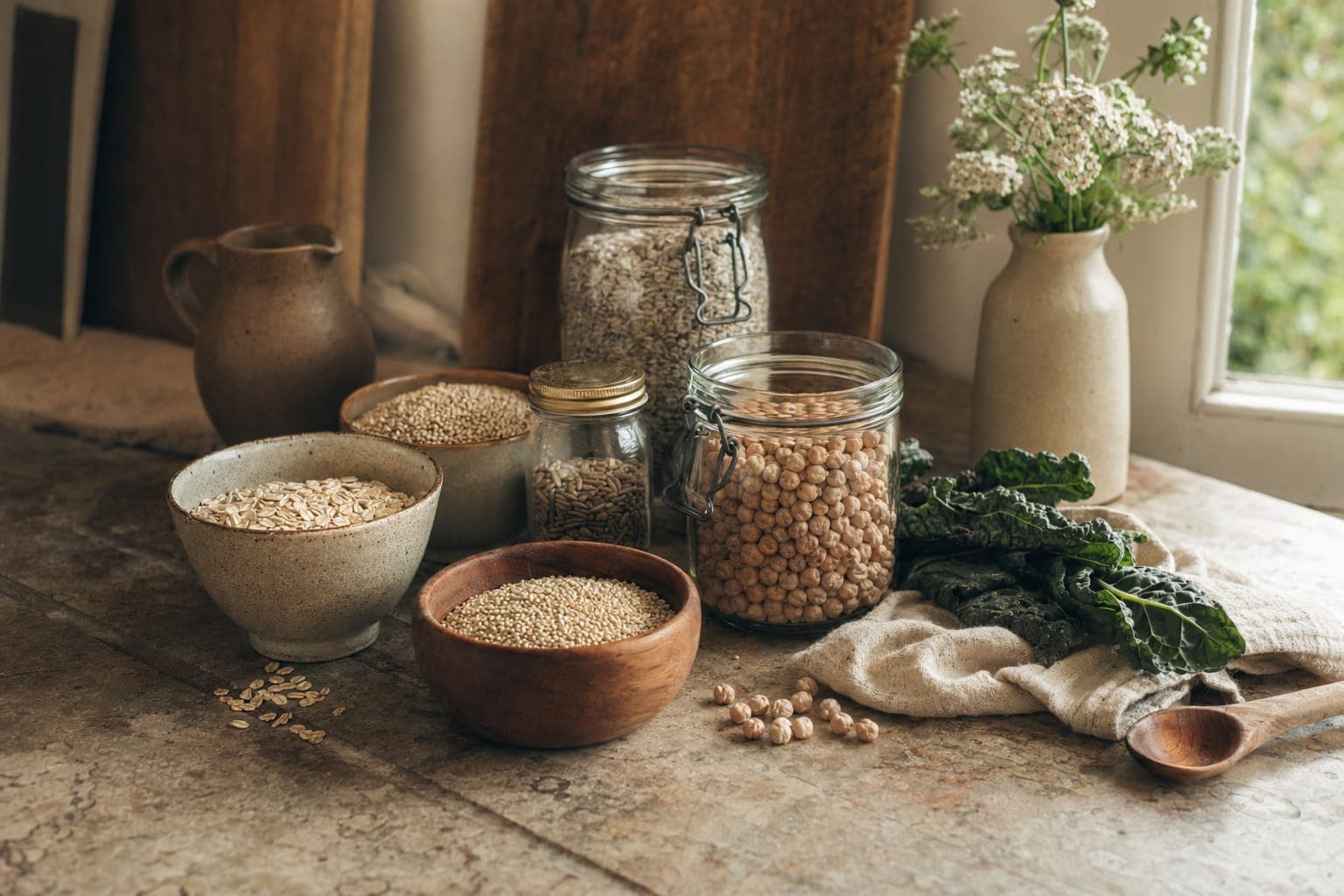 Bowls of grains and a glass of milk on a rustic table in soft light